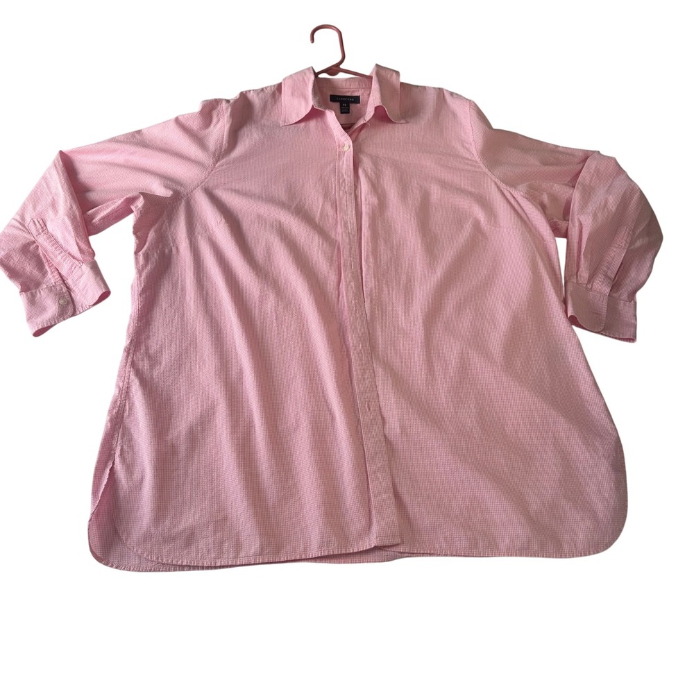 Lands End Pink Gingham Seersucker Button Down Shirt Womens 2X 20W-22W 164955